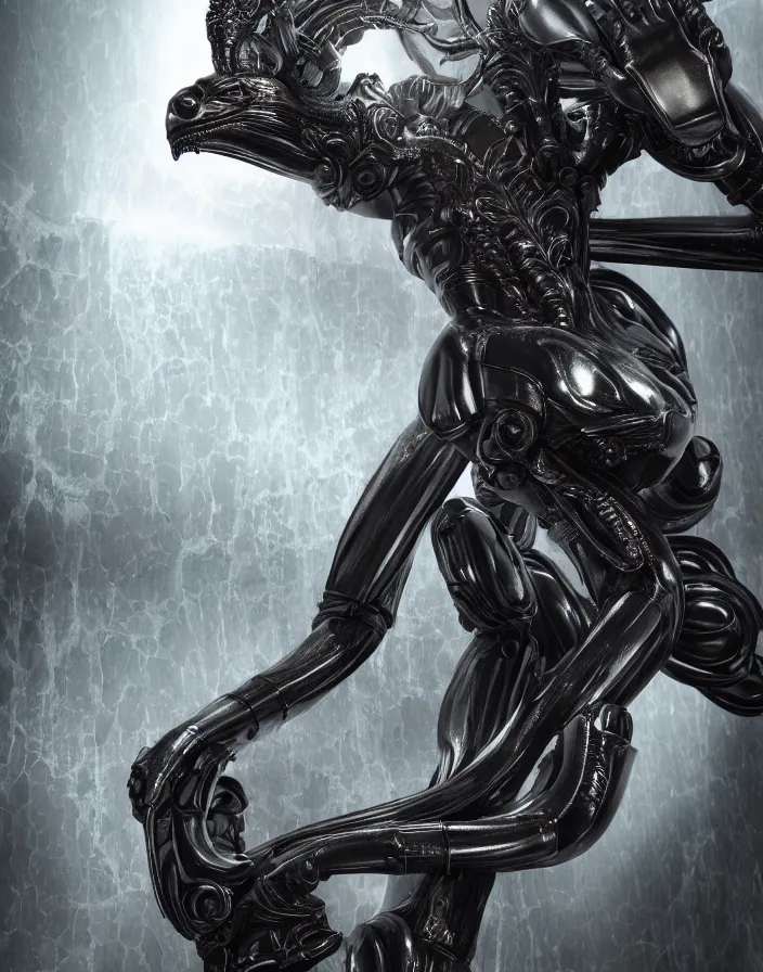 Image similar to engineer prometheus, xenomorph alien, highly detailed, symmetrical long head, smooth marble surfaces, detailed ink illustration, raiden metal gear, cinematic smooth stone, deep aesthetic, concept art, post process, 4k, carved marble texture and silk cloth, latex skin, highly ornate intricate details, prometheus, evil, moody lighting, hr geiger, hayao miyazaki, indsutrial Steampunk