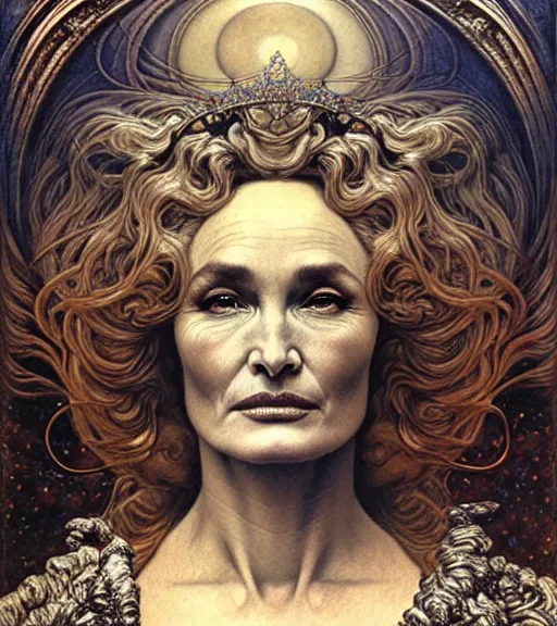 Image similar to detailed realistic beautiful jessica lange as queen of jupiter face portrait by jean delville, gustave dore and marco mazzoni, art nouveau, symbolist, visionary, gothic, pre - raphaelite. horizontal symmetry by zdzisław beksinski, iris van herpen, raymond swanland and alphonse mucha. highly detailed, hyper - real, beautiful