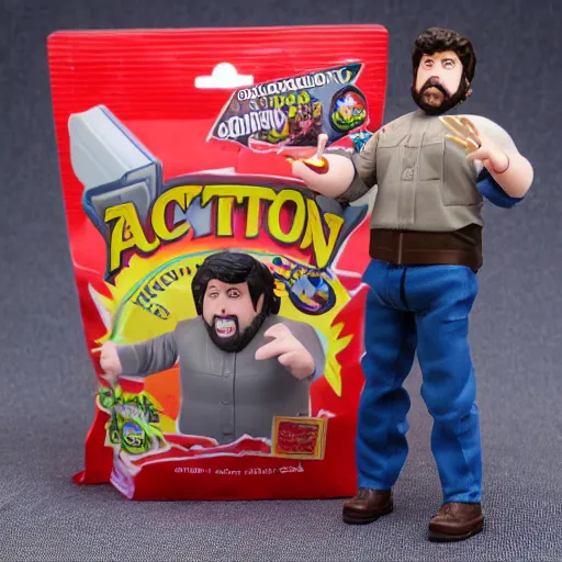 Image similar to Jontron action figure in its package, highly detailed product photo