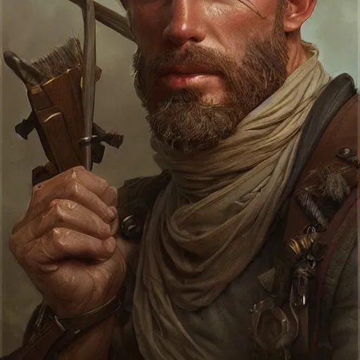 Image similar to Portrait of rugged male ranger, D&D, muscular, fantasy, intricate, elegant, highly detailed, digital painting, artstation, concept art, smooth, sharp focus, illustration, art by artgerm and greg rutkowski and alphonse mucha