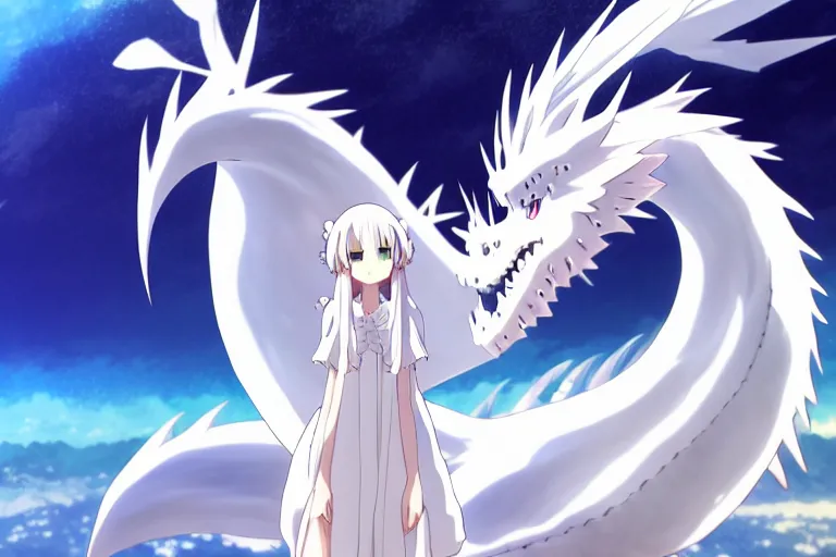 Prompt: anime art full body portrait character concept art, panorama, be surrounded by a huge silver white dragon center, lie on white clouds fairyland, anime key visual of white dragon and girl, finely detailed perfect face delicate, distant lens, style of raphael lacoste, trending on pixiv fanbox, james jean, studio ghibli, xision, extremely high quality artwork