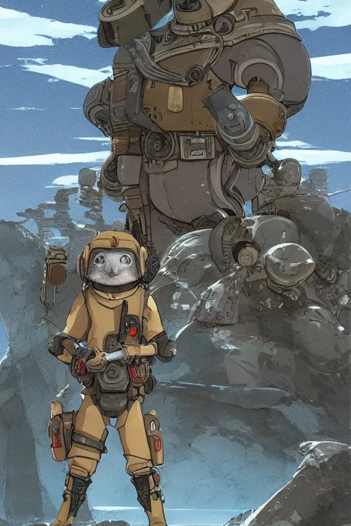 Image similar to anthropomorphic rodent with white and black ancestral ornate japanese tactical gear on an abandonment desert planet, long shot, rule of thirds, golden ratio, graphic novel by fiona staples and dustin nguyen, by beaststars and orange, peter elson, alan bean, studio ghibli, makoto shinkai