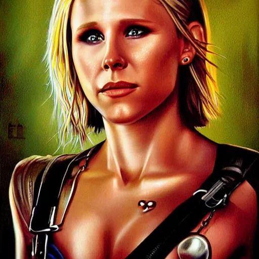 Prompt: a hyperrealistic painting of Kristen Bell as Mad Max by Jason Edmiston,