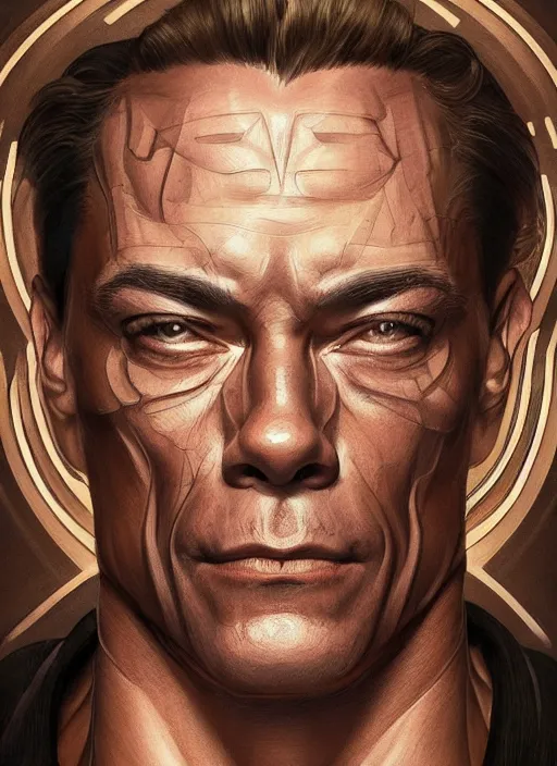 Image similar to symmetry!! jean claude van damme, machine parts embedded into face, intricate, elegant, highly detailed, digital painting, artstation, concept art, smooth, sharp focus, illustration, art by artgerm and greg rutkowski and alphonse mucha, 8 k