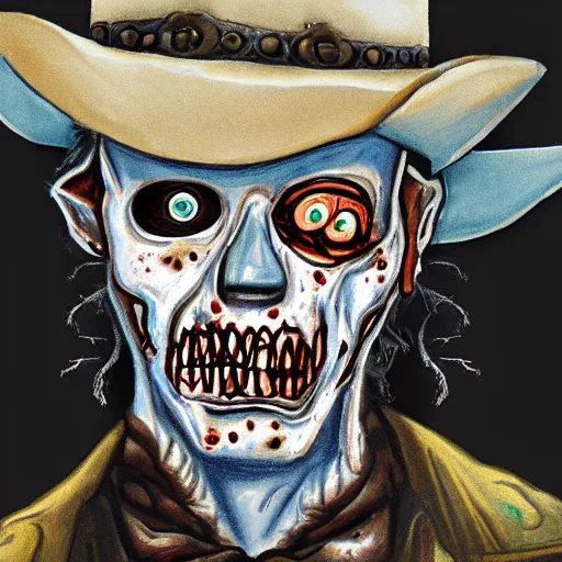 Prompt: a portrait of a zombie cowboy by Gerald From