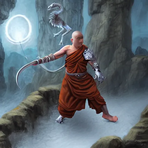 Image similar to a fantasy matte painting of a dnd monk fighting a creature, detailed, realism dnd,