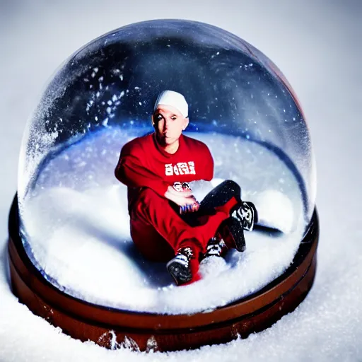 Prompt: eminem trapped inside of a snow globe, trending on artstation, 5 0 mm camera