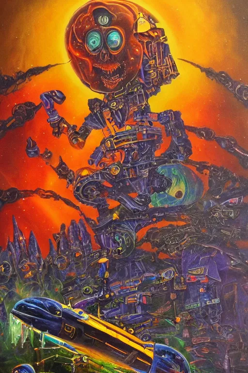 Image similar to haunted sci - fi by jack vance, mike mignogna, lisa frank, highly detailed, vintage dark sci fi, oil painting