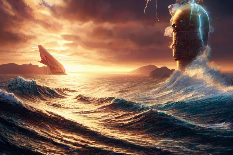 Image similar to detailed intricate digital illustration by greg rutkowski and artgerm and wlop and sanford robinson gifford ; nuclear bomb radiating bright, blinding lens flare across the horizon of a serene ocean, beautiful, glistening water and waves ; 1 3 mm film, arri alfa anamorphic lens, golden hour lighting ; sharp focus ; trending on artstation 8 k