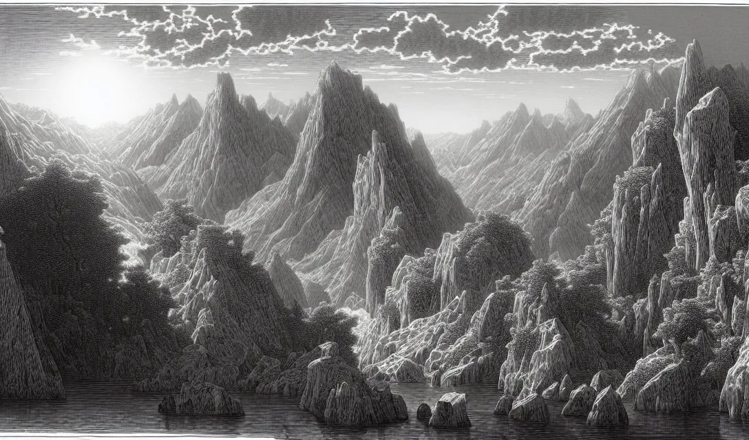 Image similar to a beautiful landscape. engraving by gustave dore, kentaro miura. extremely high details, masterpiece, artstation contest winner