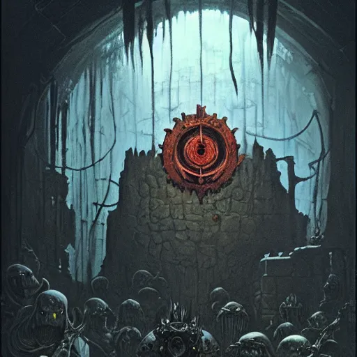 Image similar to beholder in a dungeon, d & d, fantasy, greg rutkowski, frank frazetta, alexandre chaudret, boris vallejo, michael whelan, miro petrov, hr giger, magali villeneuve, donato giancola