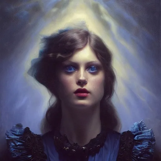 Image similar to highly detailed oil painting | very intricate | cinematic lighting | award - winning | beautiful blue eyes emerging from total darkness, black background | by roberto ferri, by tom bagshaw, by j. c. leyendecker and klimt, beautiful cinematic light, american romanticism, by austin osman spare, artstation, cgsociety, official art, octane