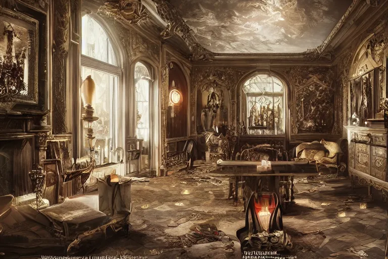 Prompt: In a sprawling mansion filled with peculiar treasures, January Scaller is a curiosity herself. Photo-realistic UHDR, hyperrealism, highly detailed, cinematic, luminescence, 32k, high contrast, intricate, mystery, epic, dark fantasy