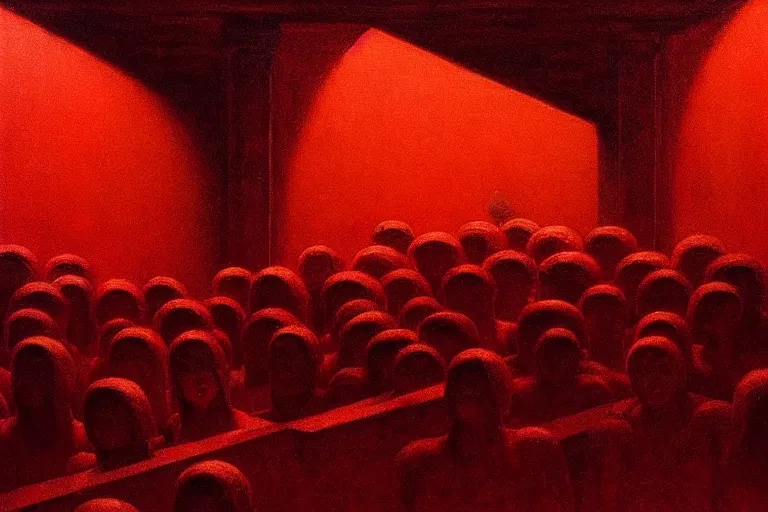 Image similar to only with red, crowd screaming, an exposed picture in a roman theater, in the style of beksinski, parts by edward hopper, parts by rodcenko, parts by yue minjun, intricate and epic composition, red by caravaggio, insanely quality, highly detailed, masterpiece, red light, artstation, 4 k