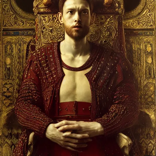 Image similar to Medieval king on a throne by Edgar Maxence and Caravaggio and Michael Whelan, artistic, intricate drawing, realistic fantasy, extremely detailed and beautiful aesthetic face, postprocessed, 8k resolution, dramatic lighting