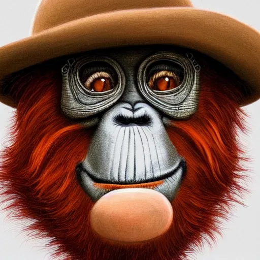 Image similar to portrait painting of an anthropomorphized orangutan, wearing a monocle and a small bowler hat, oversized mustache. dark outlining style. highly detailed. trending on artstation. slightly surreal, hyper realistic. style of chuck u