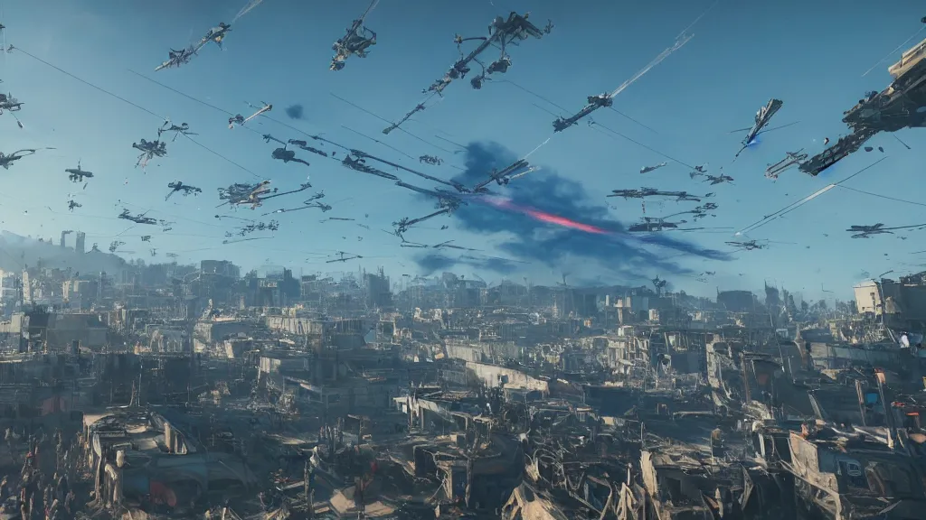 Prompt: low angle shot of a horde of people in a post-apocalyptic city, vibrant, flying spaceships with blue contrails in sky, hyperrealistic, Cryengine 8k UHD