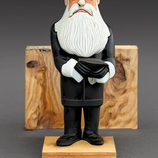 Image similar to a painted wooden figurine of a serious looking, old, ship captain with white hair, white beard, wearing an eyepatch, with a black cigar pipe, a black coat, and white captain's cap with gold accents, standing with one wooded leg, on a cuboidal wooden platform