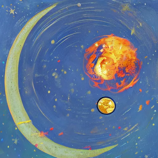 Prompt: a painting of a coin crashing into the moon, exploding, space