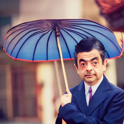 Prompt: rowan atkinson dressed as a traditional korean man posing with an umbrella, cinematic shot, dynamic lighting, close up, impressive winning photo, pastel colors