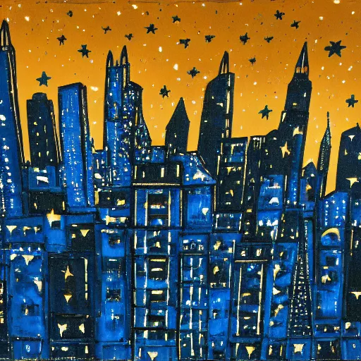 Image similar to night scene of a city. The darkness of the night is illuminated by artificial lighting. The sky is painted with cobalt blue, and shimmers with the light of stars. The buildings are painted in black, and stand out against the sky. They are silhouetted against a background which is painted with hazy grey.