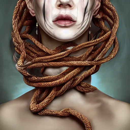 Image similar to portrait of a Shibari rope wrapped face and neck, headshot, insanely nice professional hair style, dramatic hair color, digital painting, of a old 13th century, traveler, amber jewels, baroque, ornate clothing, scifi, realistic, hyperdetailed, chiaroscuro, concept art, art by Franz Hals and Jon Foster and Ayami Kojima and Amano and Karol Bak,