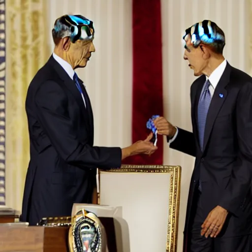 Prompt: president obama awarding president obama a medal on a necklace