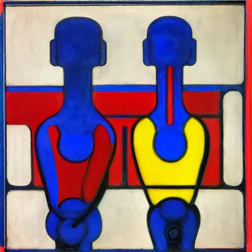 Image similar to cyborgs by piet mondrian, in red blue and yellow
