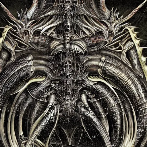 Prompt: detailed photograph of an exotic biomechanical dragon by h. r. giger