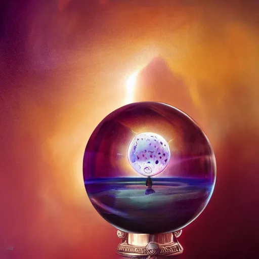 Image similar to crystal ball on a stand with a beautiful dreamscape inside, studio product photography, super highly detailed, professional digital painting, artstation, concept art, smooth, sharp focus, extreme illustration, unreal engine 5, photorealism, beautiful, cinematic, art by artgerm and rutkowski and alphonse mucha and loish and wlop