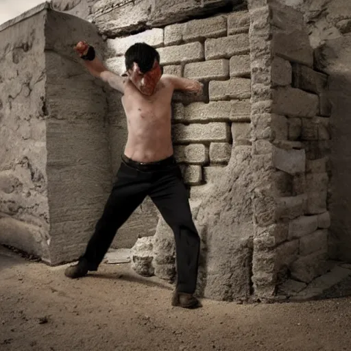 Prompt: a man whit stone skin breaking a wall with a punch.