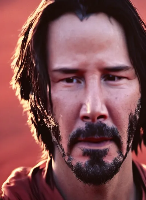 Prompt: close - up keanu reeves as a jedi master, perfect symmetrical face, a red sand desert, moody lighting, 8 k, shallow depth of field, intricate detail,