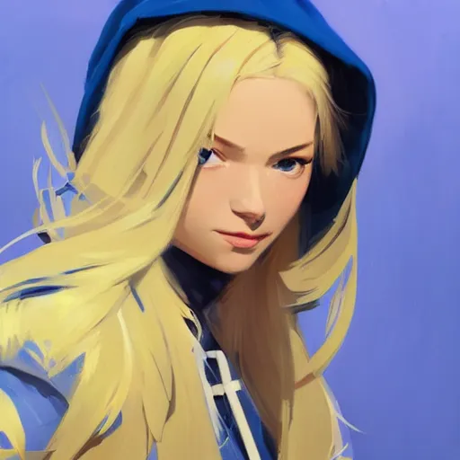 Prompt: greg manchess portrait of a beautiful teen girl with blonde hair, wearing a blue hoodie, as an overwatch character, medium shot, asymmetrical, swedish, cinematic lighting, window, profile picture, organic painting, matte painting, bold shapes, hard edges, street art, trending on artstation, by huang guangjian and gil elvgren and sachin teng