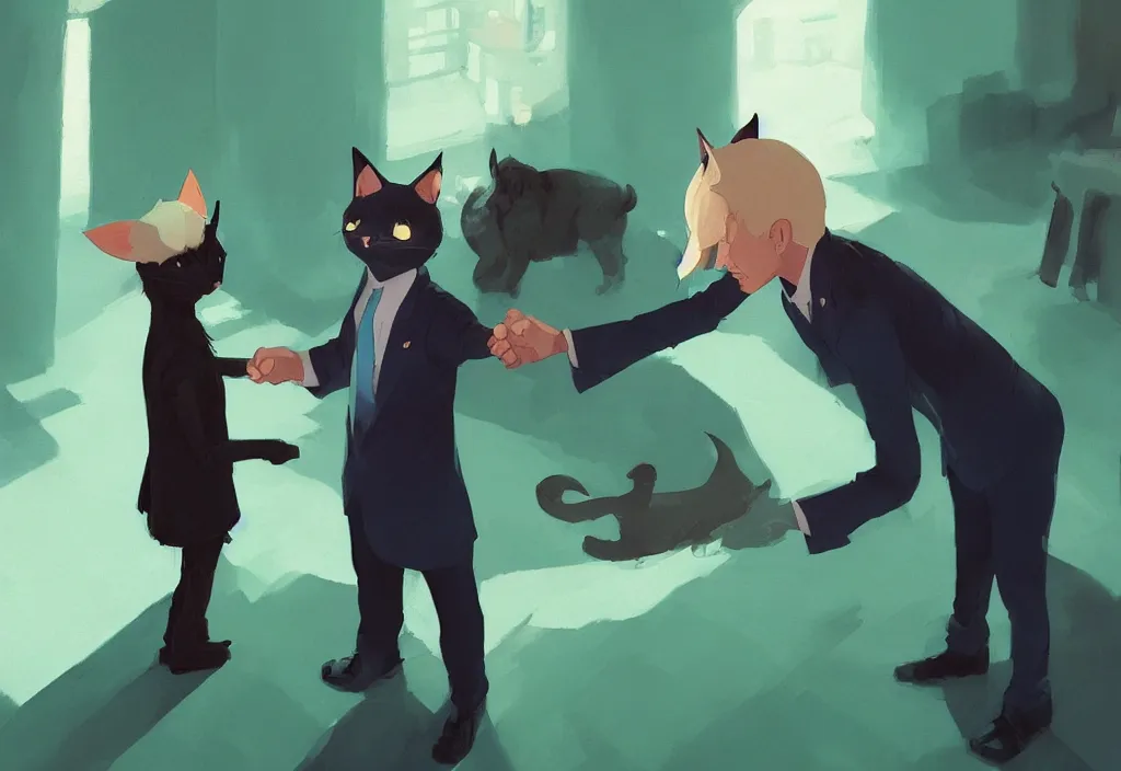 Image similar to joe biden shake hand of girl with cat ears, epic debates, presidental elections candidates, cnn, fox news, fantasy, by atey ghailan, by greg rutkowski, by greg tocchini, by james gilleard, by joe gb fenton, dynamic lighting, gradient light green, brown, blonde cream, salad and white colors in scheme, grunge aesthetic