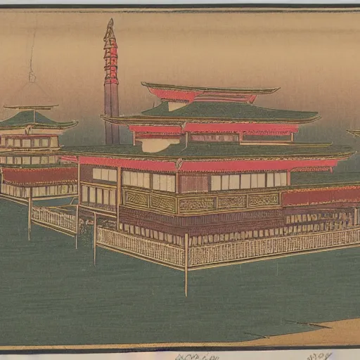 Prompt: late meiji period, colored woodblock print, ottoman palace, minarets