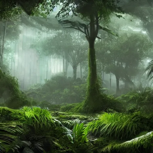 Image similar to A realistic detailed photo of a futuristic jungle, alien plants, grey sky, hidden animals, some fallen trees, foggy landscape, light particles, detailed light, realistic shaders, trending on artisation, detailed textures, detailed, realistic