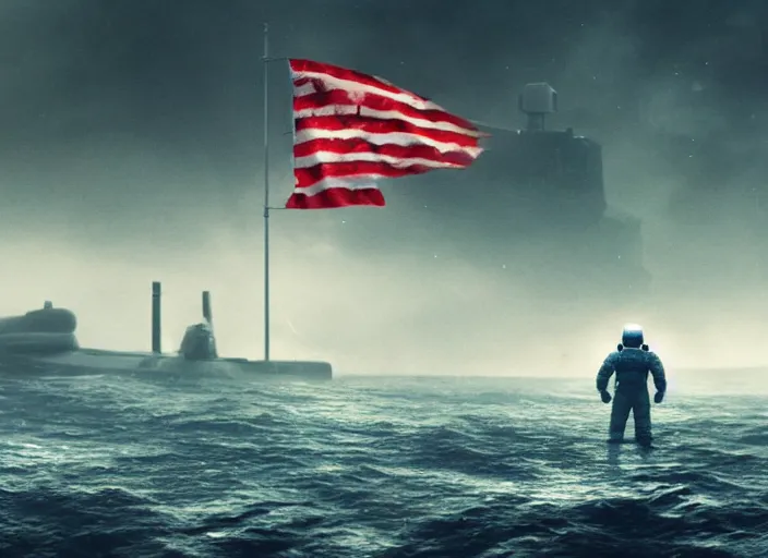 Image similar to astronaut holding a flag in an underwater desert. a submarine is visible in the distance. dark, concept art, cinematic, dramatic, atmospheric, 8 k, trending on artstation, blue, fish, low visibility, fog, ocean floor, christopher nolan, interstellar