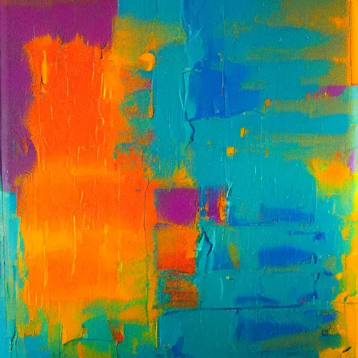 Image similar to a beautiful abstract turquoise, purple, orange and yellow impasto textured painting by gerhard richter, texture