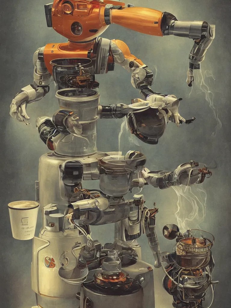 Image similar to half-length portrait of my friendly empatic robot offering a cup of fresh steaming coffee, by Simon Stalenhaag, by Yoshita Amano, by Esao Andrews, sharp focus, fresh colors, diviantart