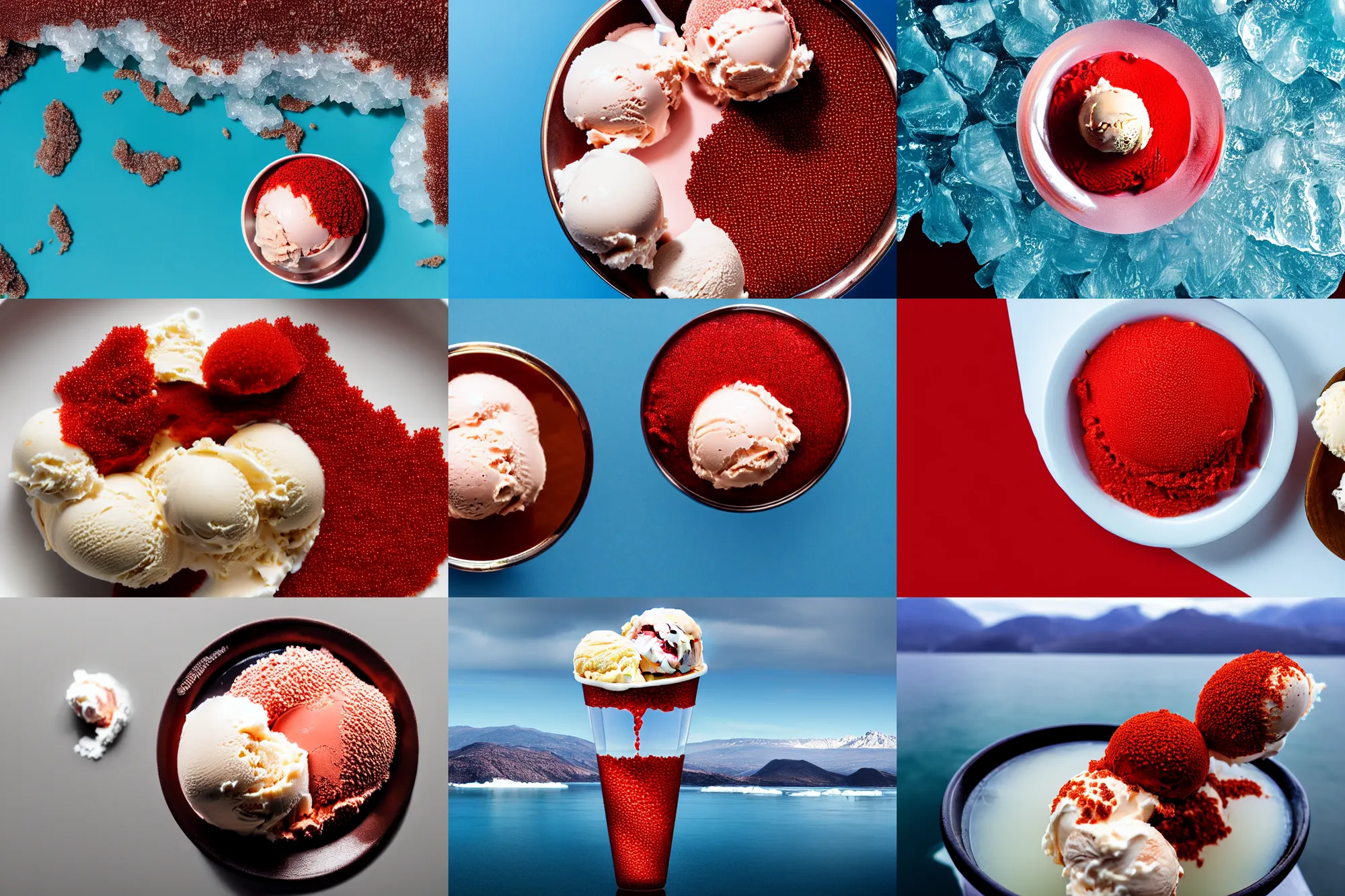 Prompt: a large island of red caviar and ice cream and brown water in the center of which there are ice cream instead of mountains