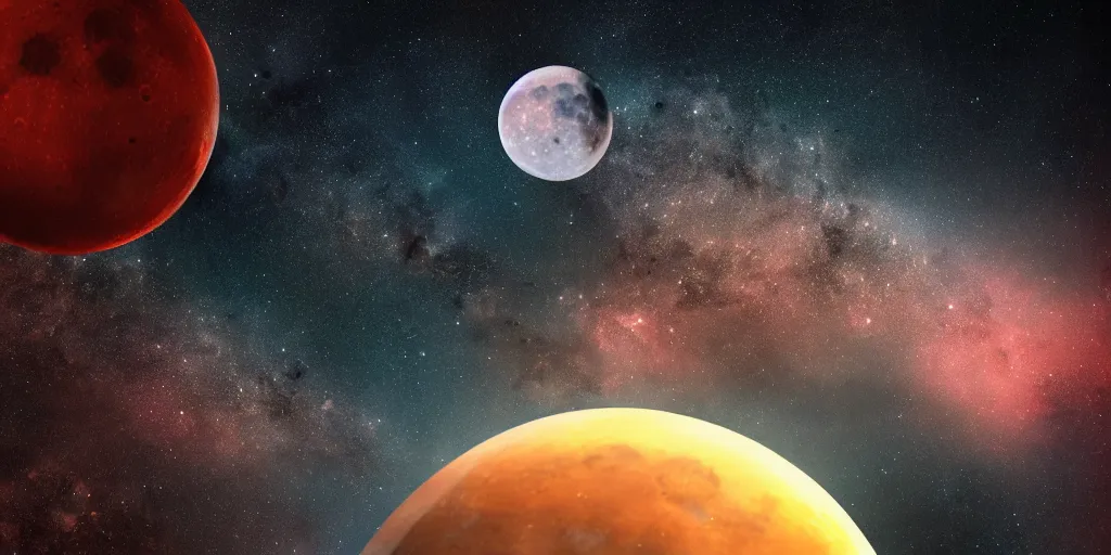 Image similar to moon setting, space, galaxy, milkyway, nebula, Mars, planets, neon, cinematic, realistic, glow, beautiful,