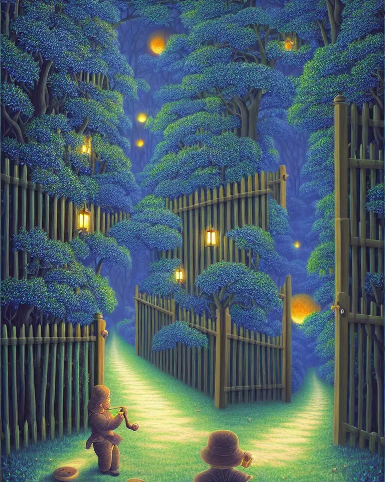 Prompt: hd painting of a dark garden, wooden gates, particles of magic by rob gonsalves, trending on artstation