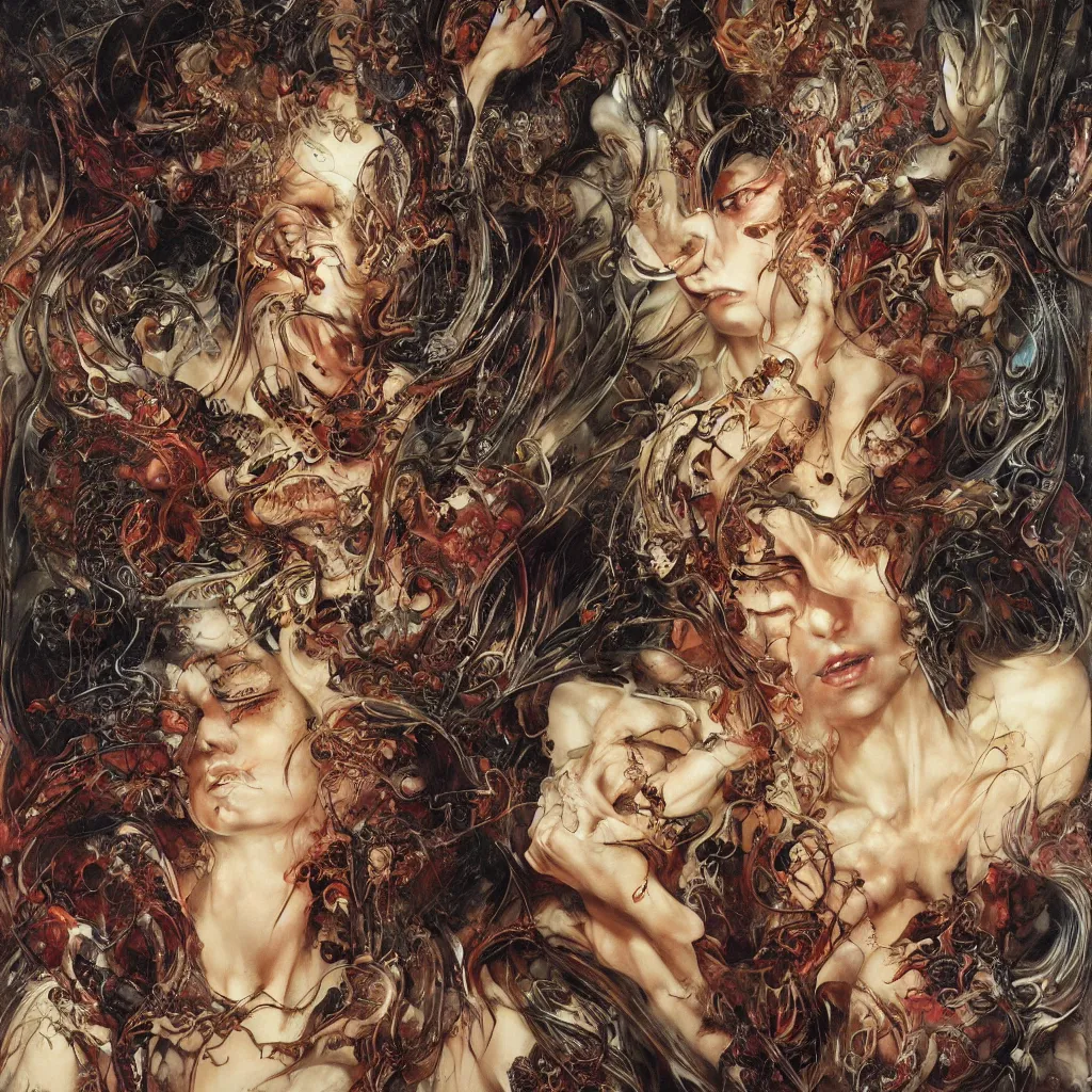 Prompt: realistic rich detailed image of an ancient pagan goddess by Ayami Kojima, Amano, Karol Bak, Greg Hildebrandt, and Roberto Ferri, Neo-Gothic, gothic, rich deep colors. Beksinski painting, part by Adrian Ghenie and Gerhard Richter. art by Takato Yamamoto. masterpiece