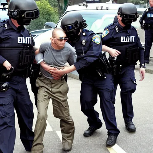 Image similar to extraterrestrial alien with big head and skinny body, being arrested by special forces