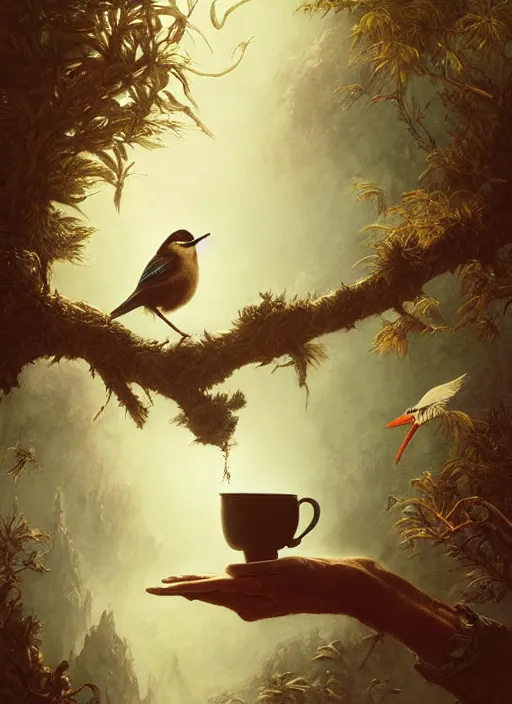 Image similar to a bird holds a cup of tea in its hands, hyperrealism, no blur, 4 k resolution, ultra detailed, style of tyler edlin, tom bagshaw, arthur rackham, ivan shishkin