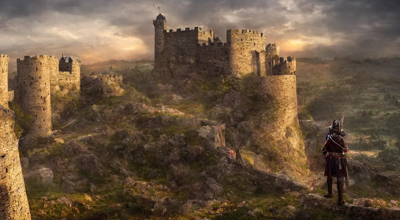 Image similar to a king standing on the castle walls looking at the incoming enemy army, vivid colors, soft lighting, atmospheric, cinematic, moody, 8 k