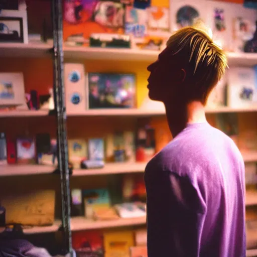 Prompt: kodak portra 4 0 0 photograph of a skinny blonde guy standing in cluttered 9 0 s bedroom, back view, moody lighting, telephoto, 9 0 s vibe, retro, blurry background, vaporwave colors, faded!,