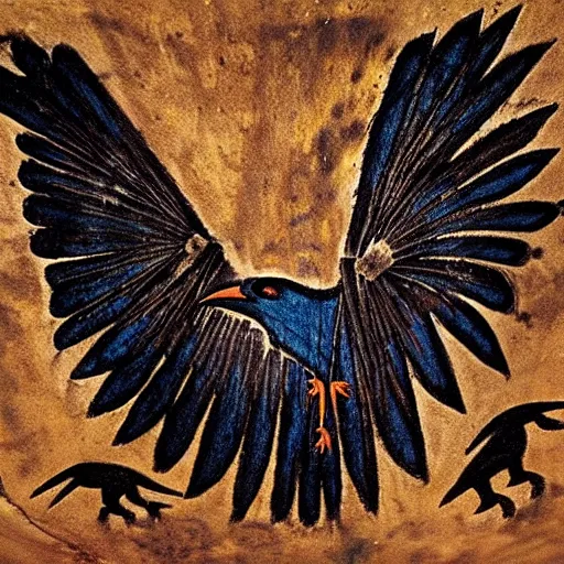 Prompt: raven - shaman, prehistoric cave painting