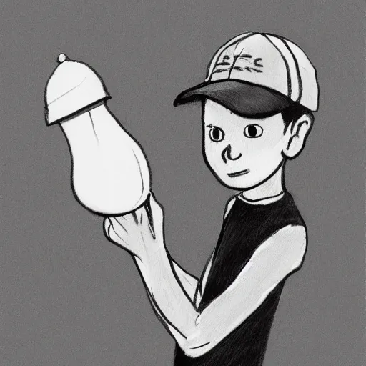 Prompt: a street artist cartoon sketch black and white chalk sketch of a boy wearing a baseball cap holding an ice cream cone