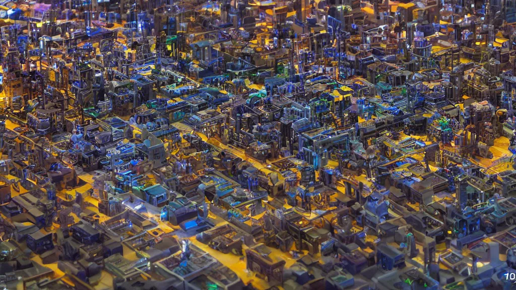 Prompt: crane shot of large group people in open warehouse, looking at hologram of futuristic city on a table, cinematic still, godrays, golden hour, natural sunlight, 4 k, clear details, tabletop model buildings, tabletop model, ethereal hologram center, crane shot, crane shot, rule of thirds, people, people, tabletop